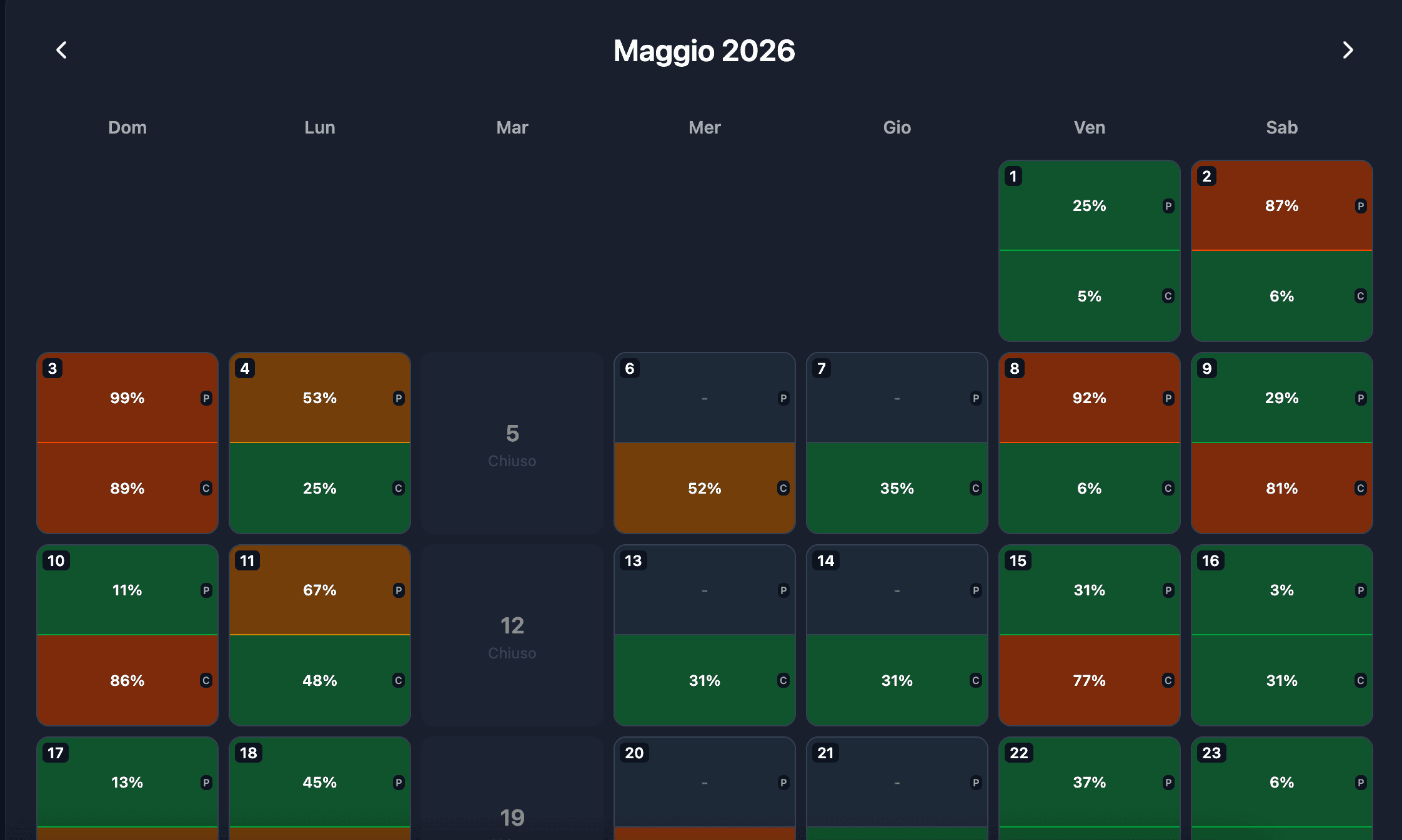 Calendar with booking and cover occupancy